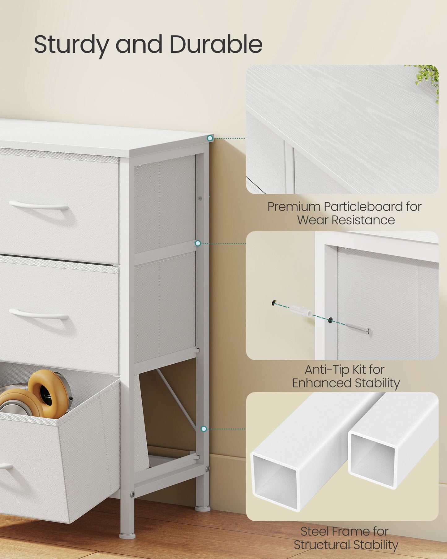 SONGMICS Dresser with 9 Fabric Drawers, TV Stand for Tvs Up to 55 Inches – Cloud White