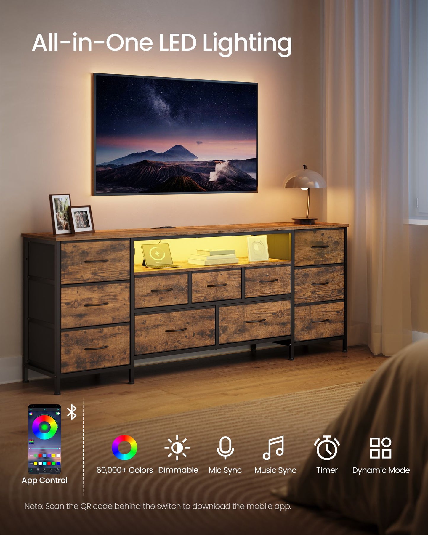 SONGMICS TV Stand for Tvs Up to 70 Inches, 11 Fabric Drawers, 2 Shelves Dresser for Bedroom – Rustic Brown