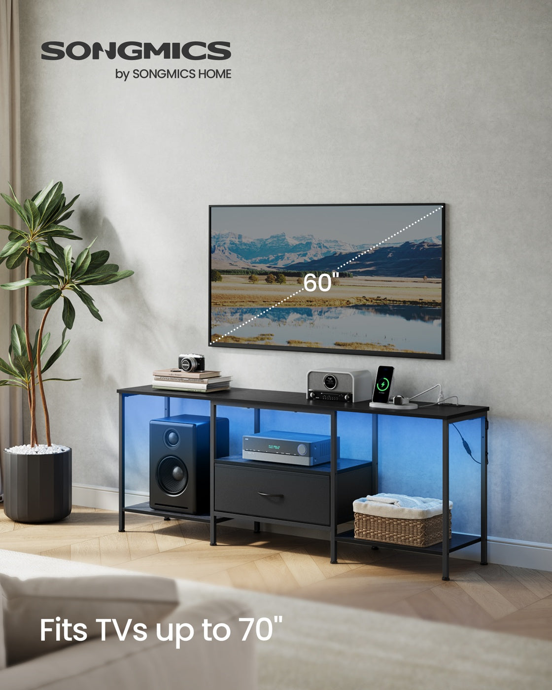 SONGMICS TV Stand for Tvs Up to 70 Inches – Ink Black