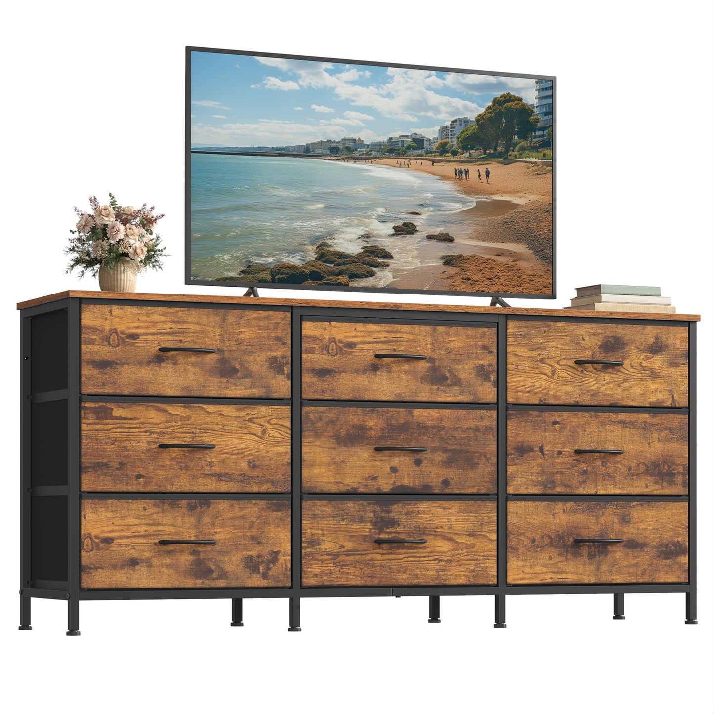 SONGMICS Dresser with 9 Fabric Drawers, TV Stand for Tvs Up to 65 Inches – Rustic Brown, Ink Black