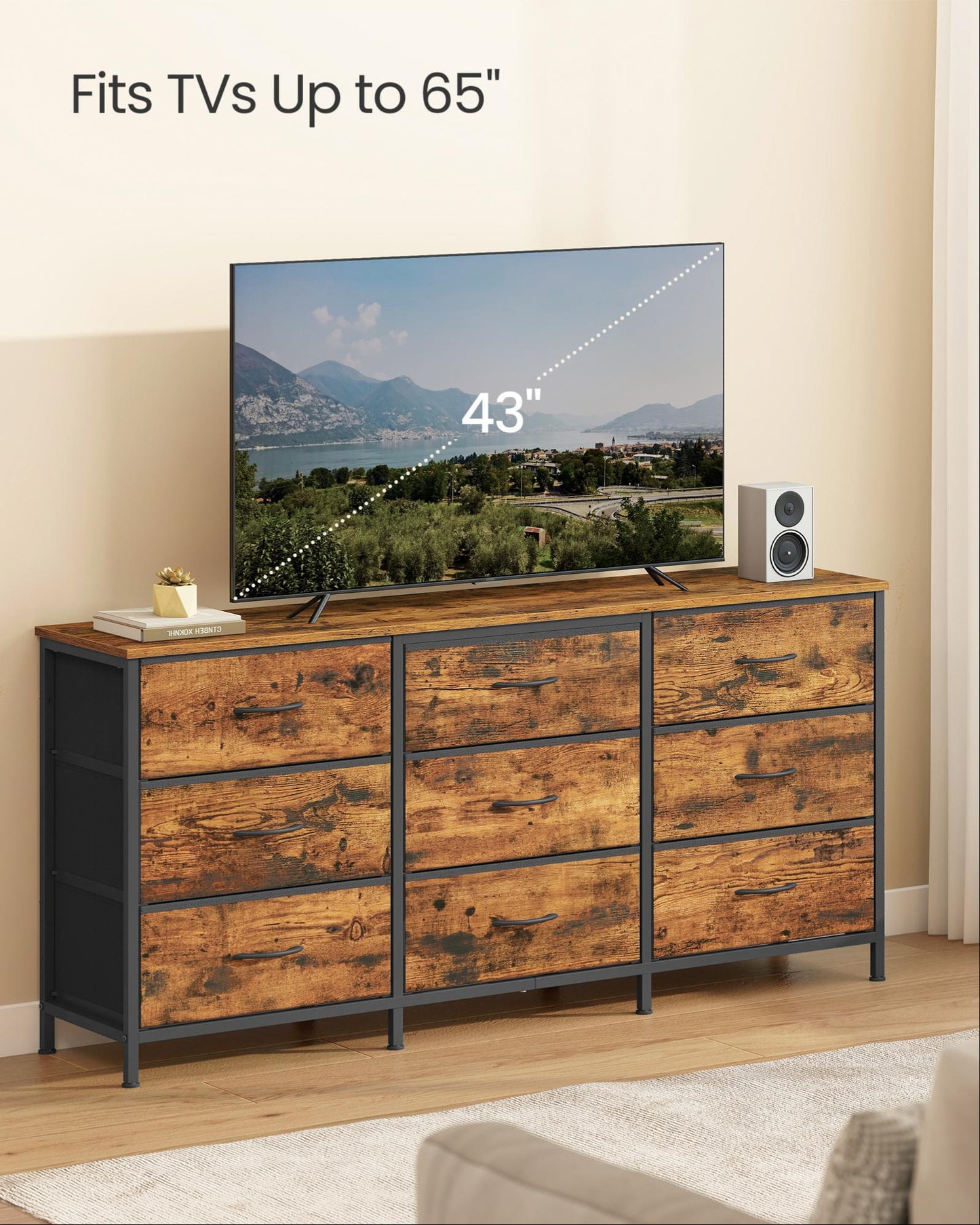 SONGMICS Dresser with 9 Fabric Drawers, TV Stand for Tvs Up to 65 Inches – Rustic Brown, Ink Black