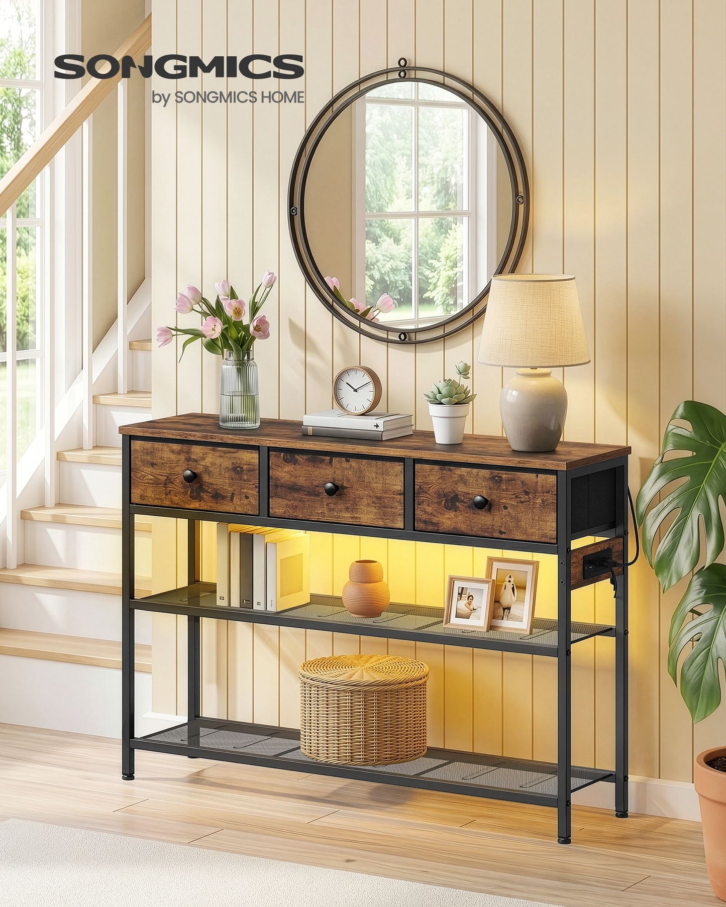 SONGMICS LED Console Table with Power Outlet Drawers Rustic Brown