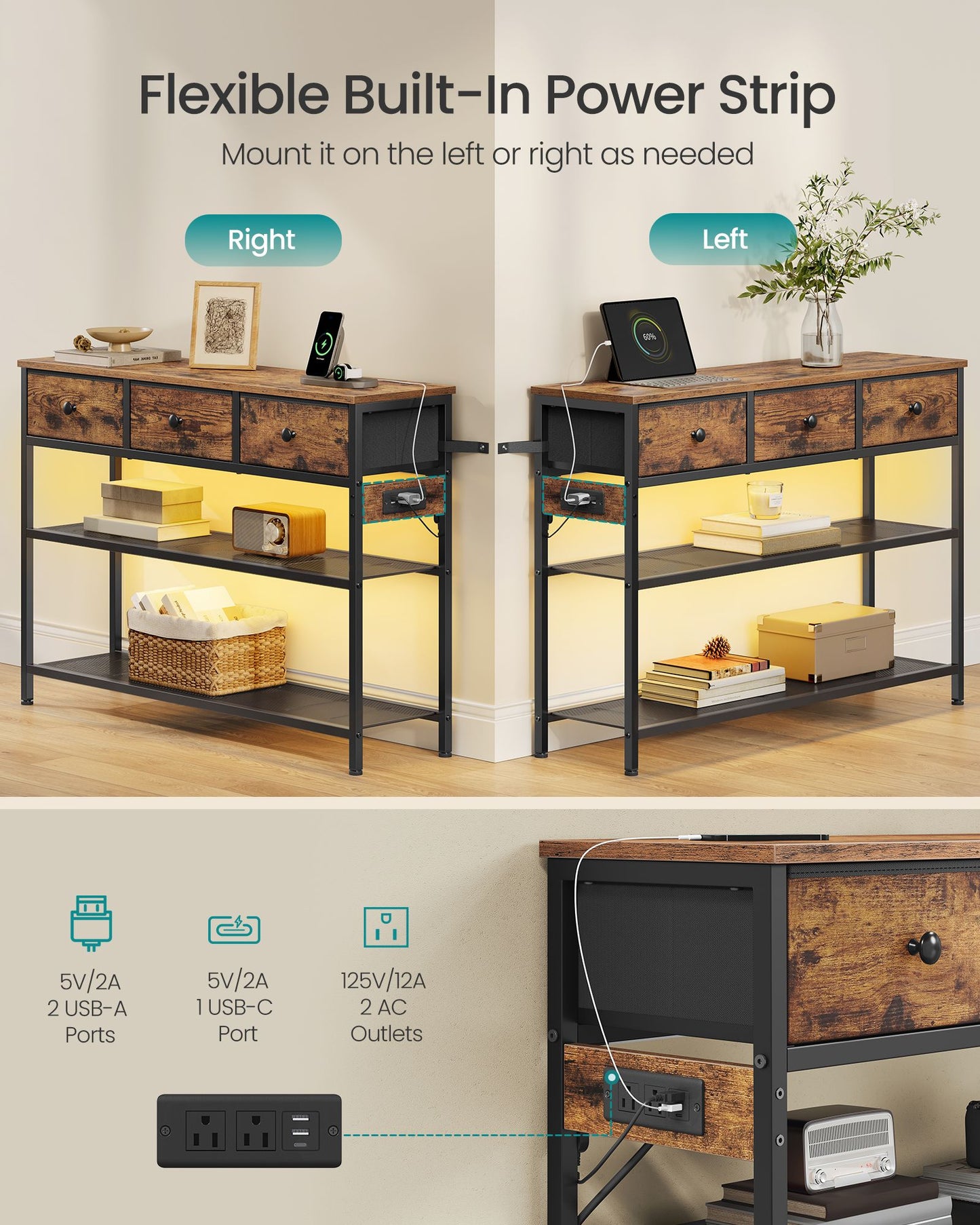 SONGMICS LED Console Table with Power Outlet Drawers Rustic Brown