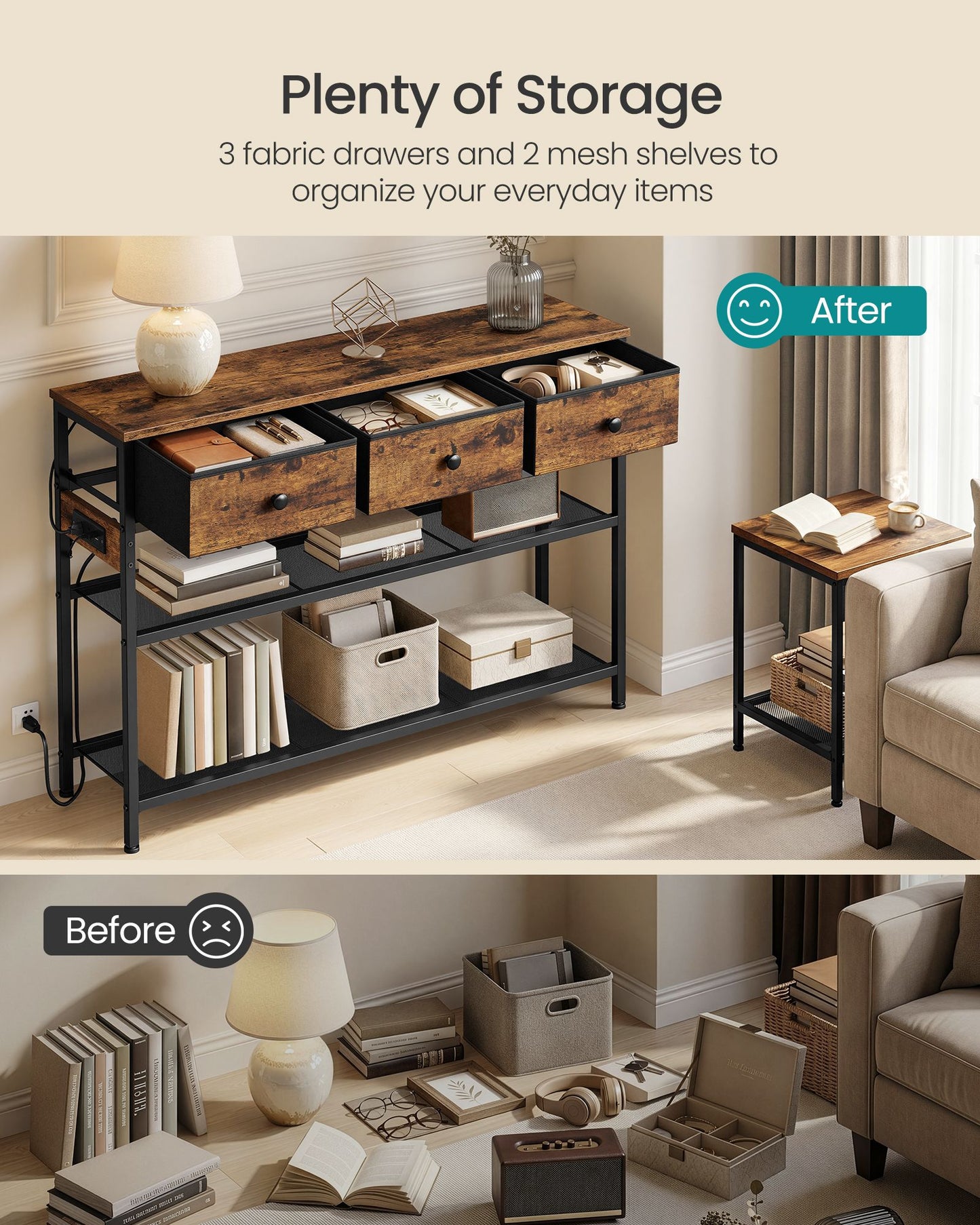 SONGMICS LED Console Table with Power Outlet Drawers Rustic Brown