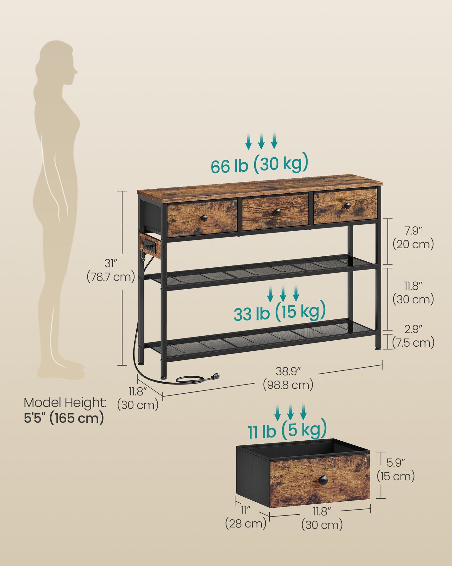 SONGMICS LED Console Table with Power Outlet Drawers Rustic Brown