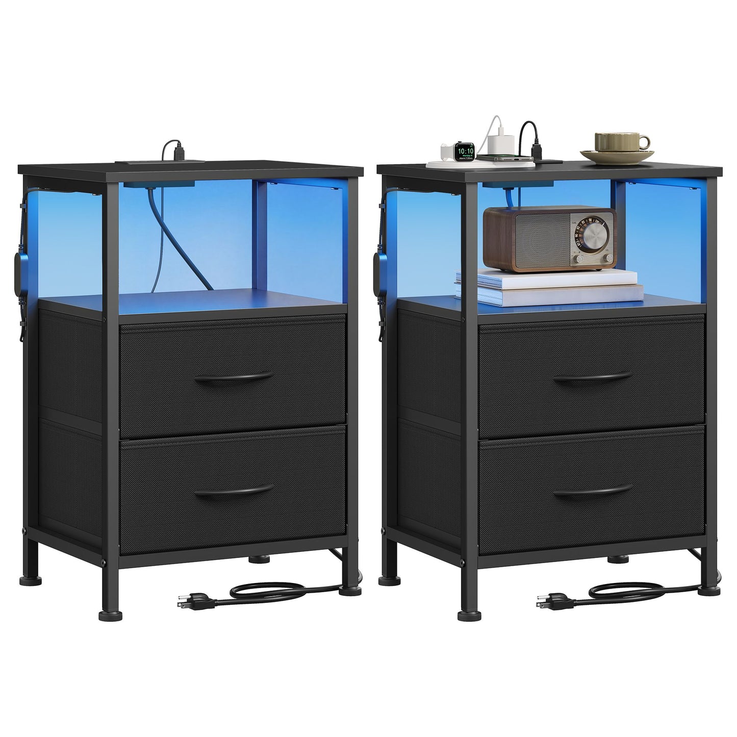 SONGMICS Nightstand with Charging Station, 2 Fabric Drawers Set of 2 Bed Side Table – Ink Black and Ebony Black