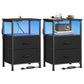 SONGMICS Nightstand with Charging Station, 2 Fabric Drawers Set of 2 Bed Side Table – Ink Black and Ebony Black