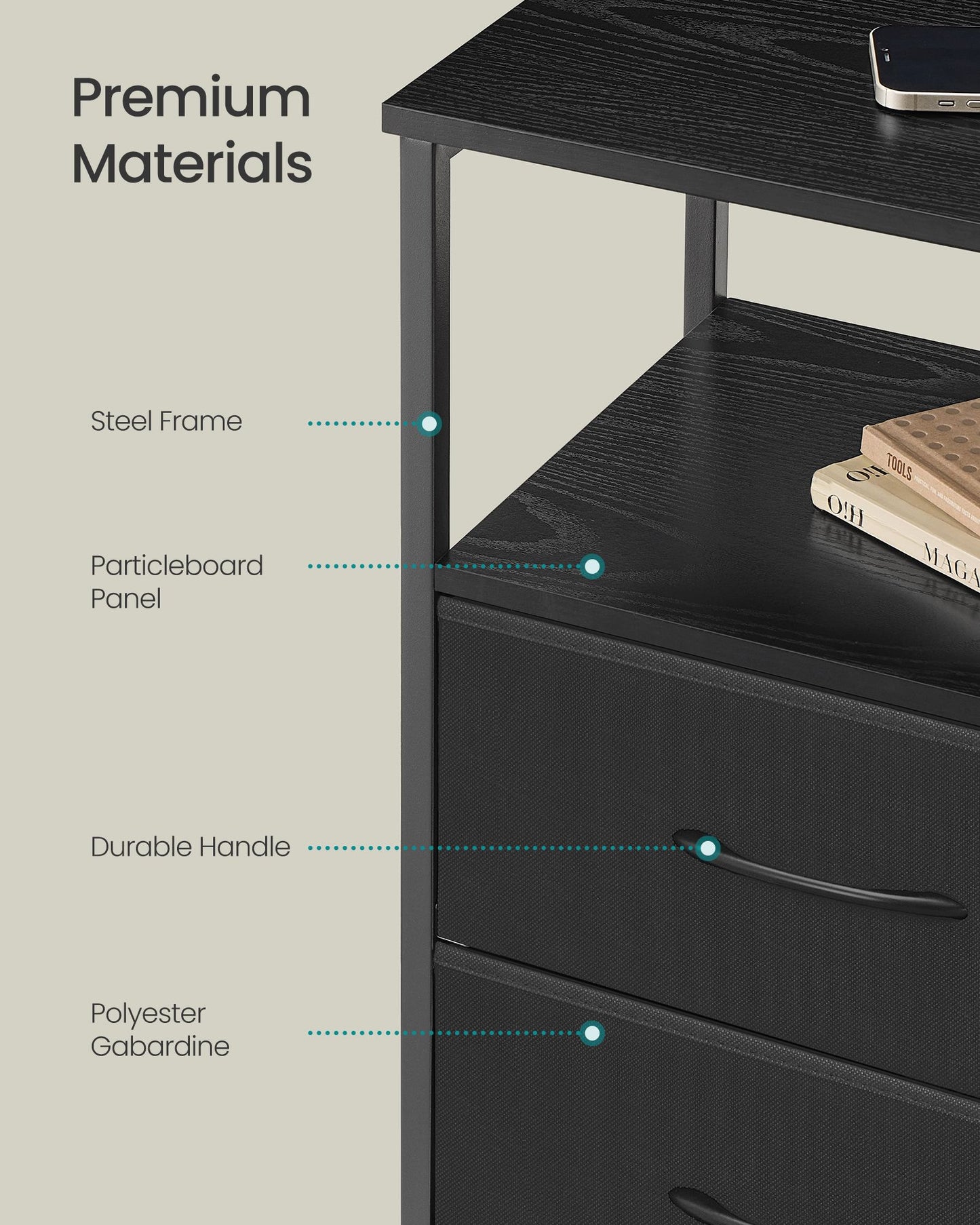 SONGMICS Nightstand with Charging Station, 2 Fabric Drawers Set of 2 Bed Side Table – Ink Black and Ebony Black