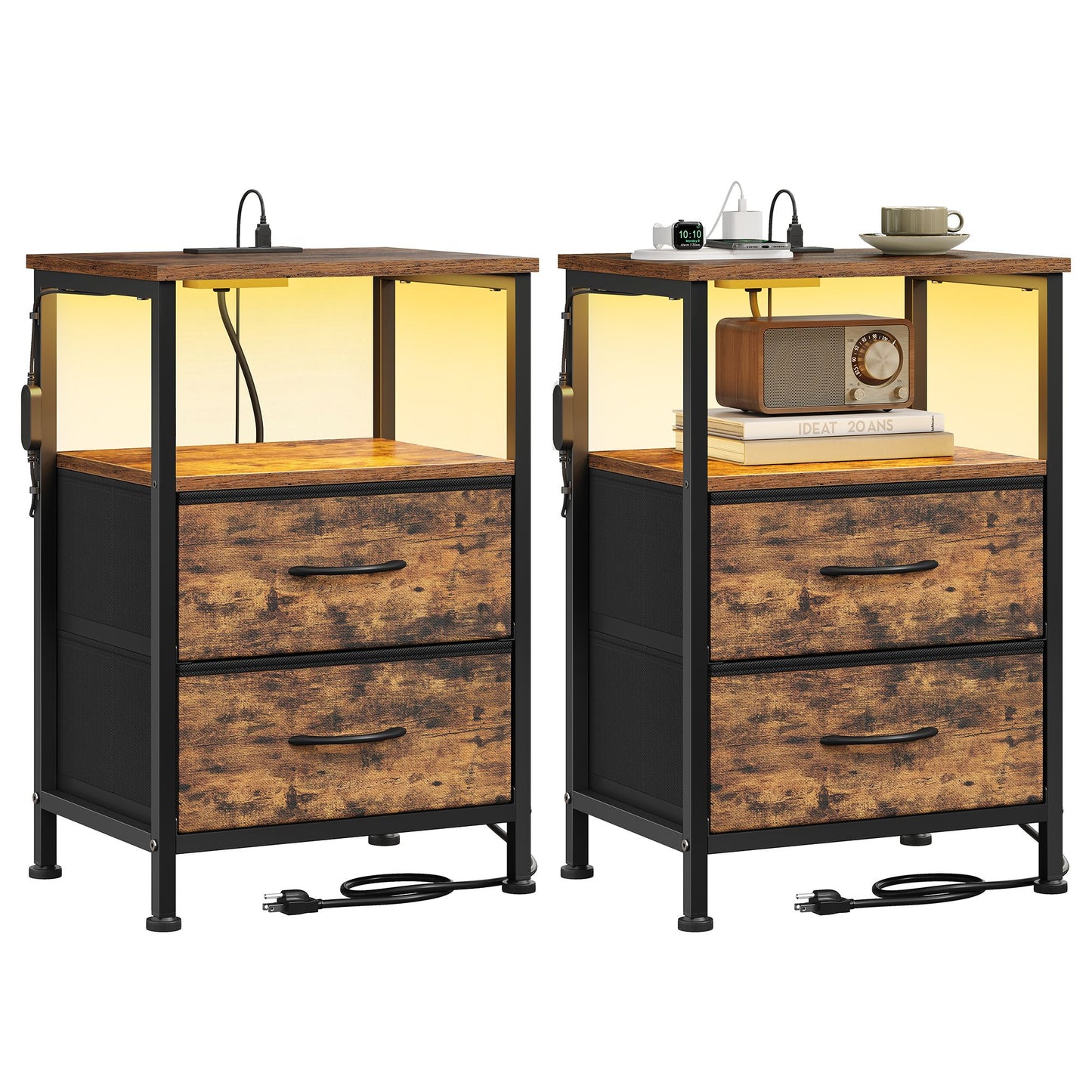SONGMICS 2 Charging Nightstands with 4 Drawers Rustic Brown