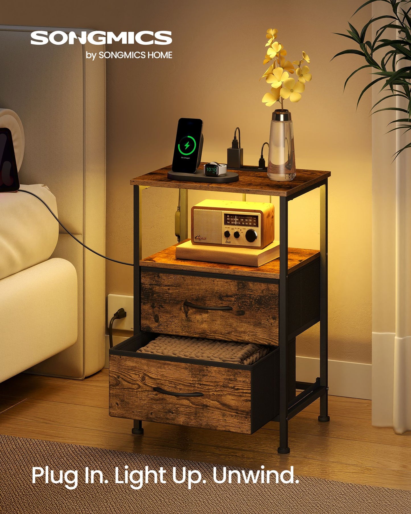 SONGMICS 2 Charging Nightstands with 4 Drawers Rustic Brown