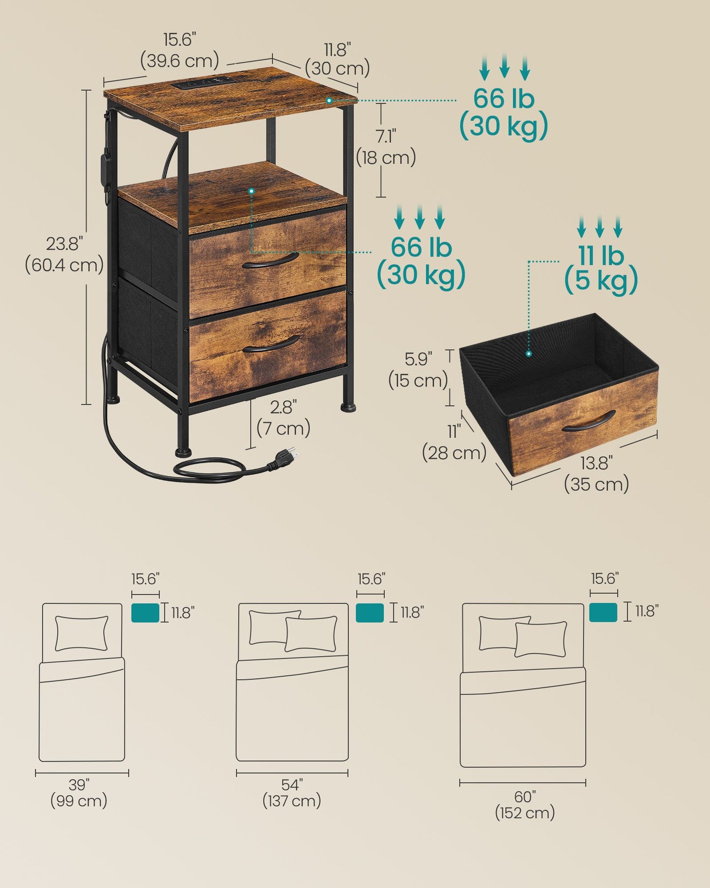 SONGMICS 2 Charging Nightstands with 4 Drawers Rustic Brown