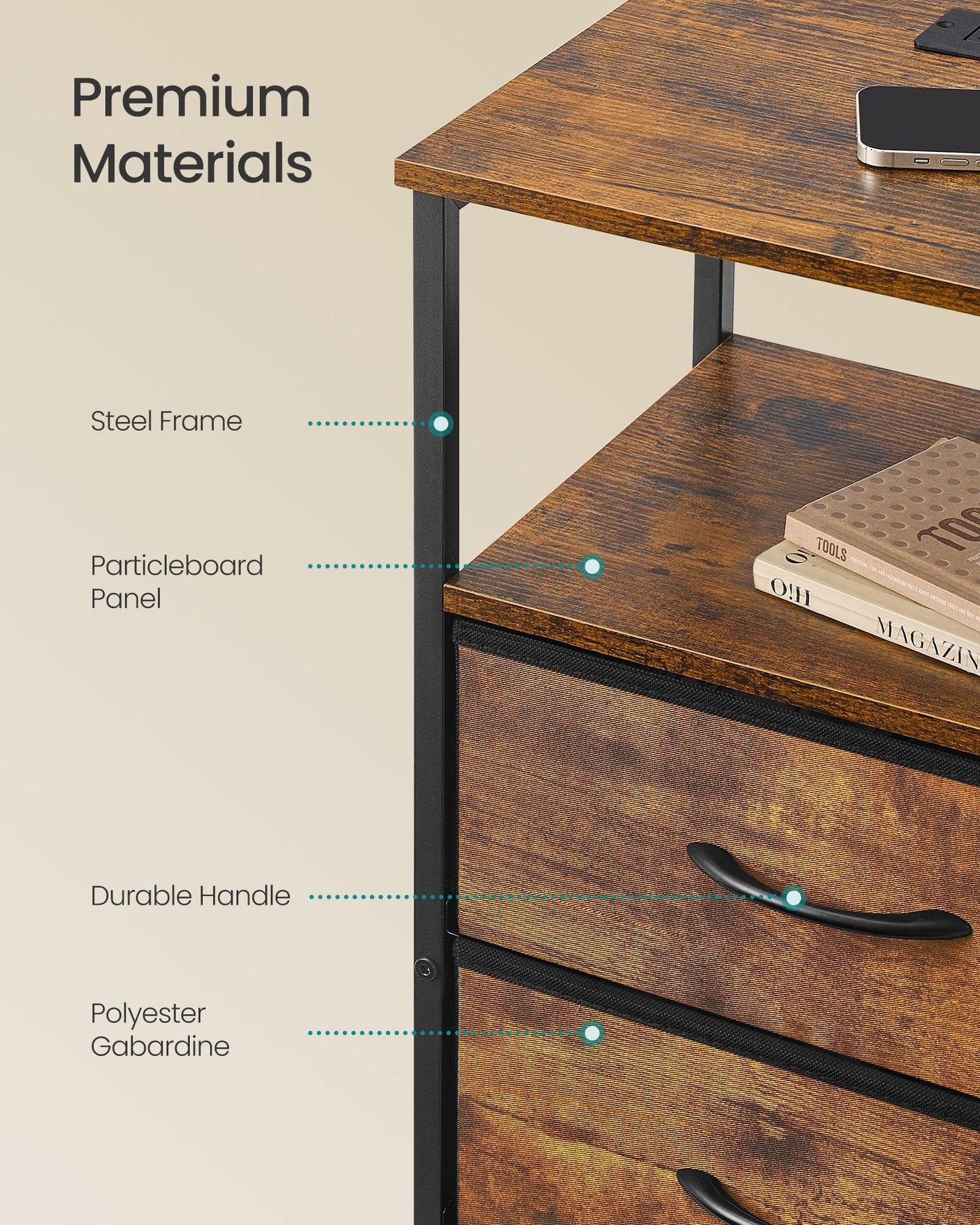 SONGMICS 2 Charging Nightstands with 4 Drawers Rustic Brown