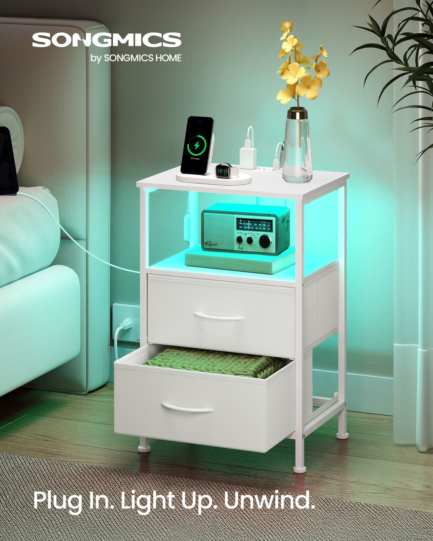 SONGMICS 2 LED Charging Nightstands with 4 Drawers Cloud White