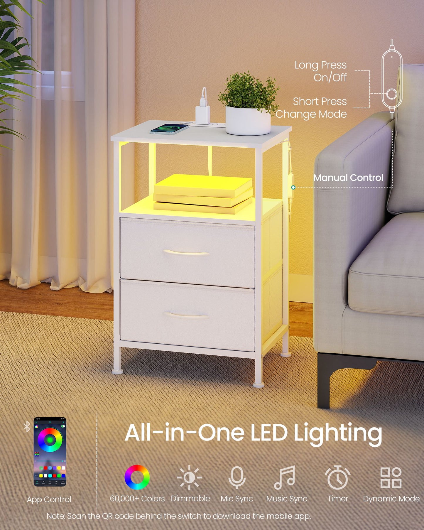 SONGMICS 2 LED Charging Nightstands with 4 Drawers Cloud White
