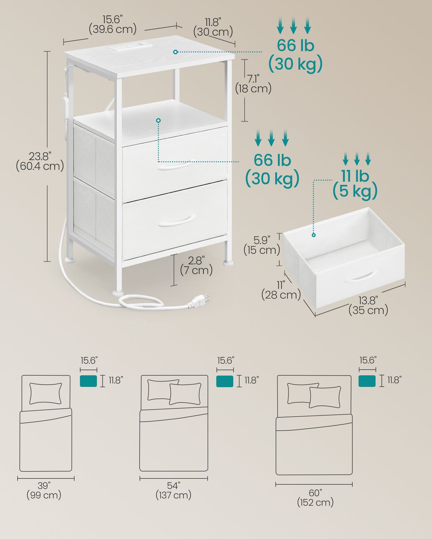 SONGMICS 2 LED Charging Nightstands with 4 Drawers Cloud White