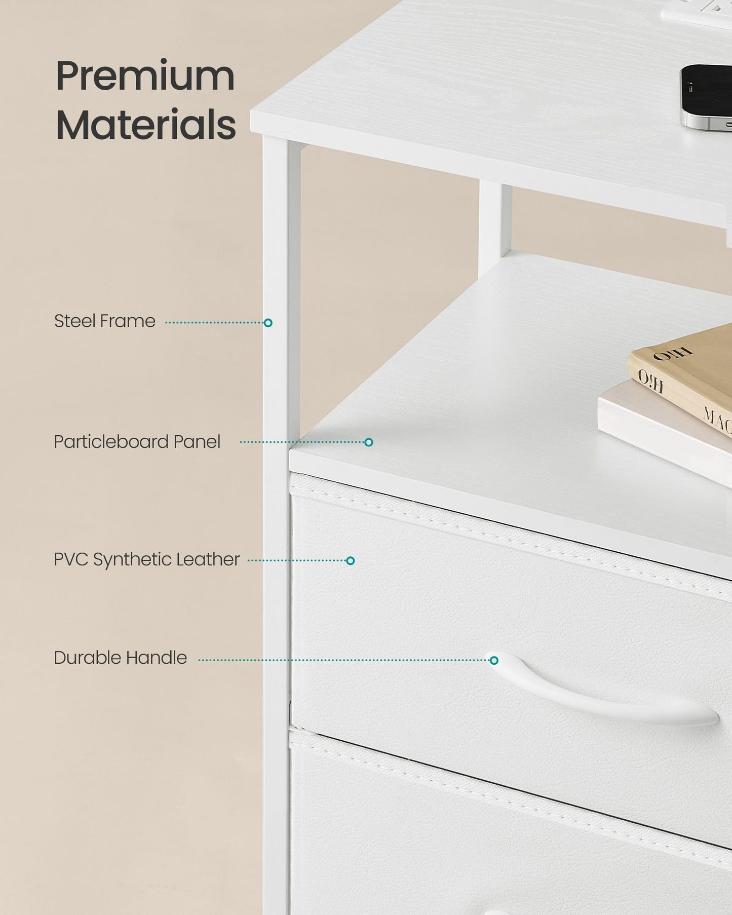 SONGMICS 2 LED Charging Nightstands with 4 Drawers Cloud White
