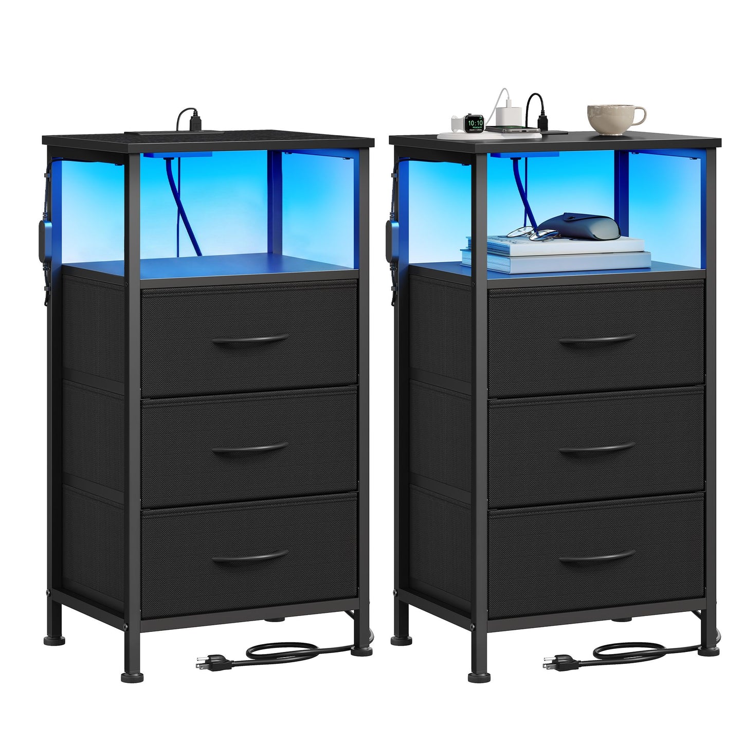 SONGMICS 2 LED Charging Nightstands with 3 Drawers Ink Black