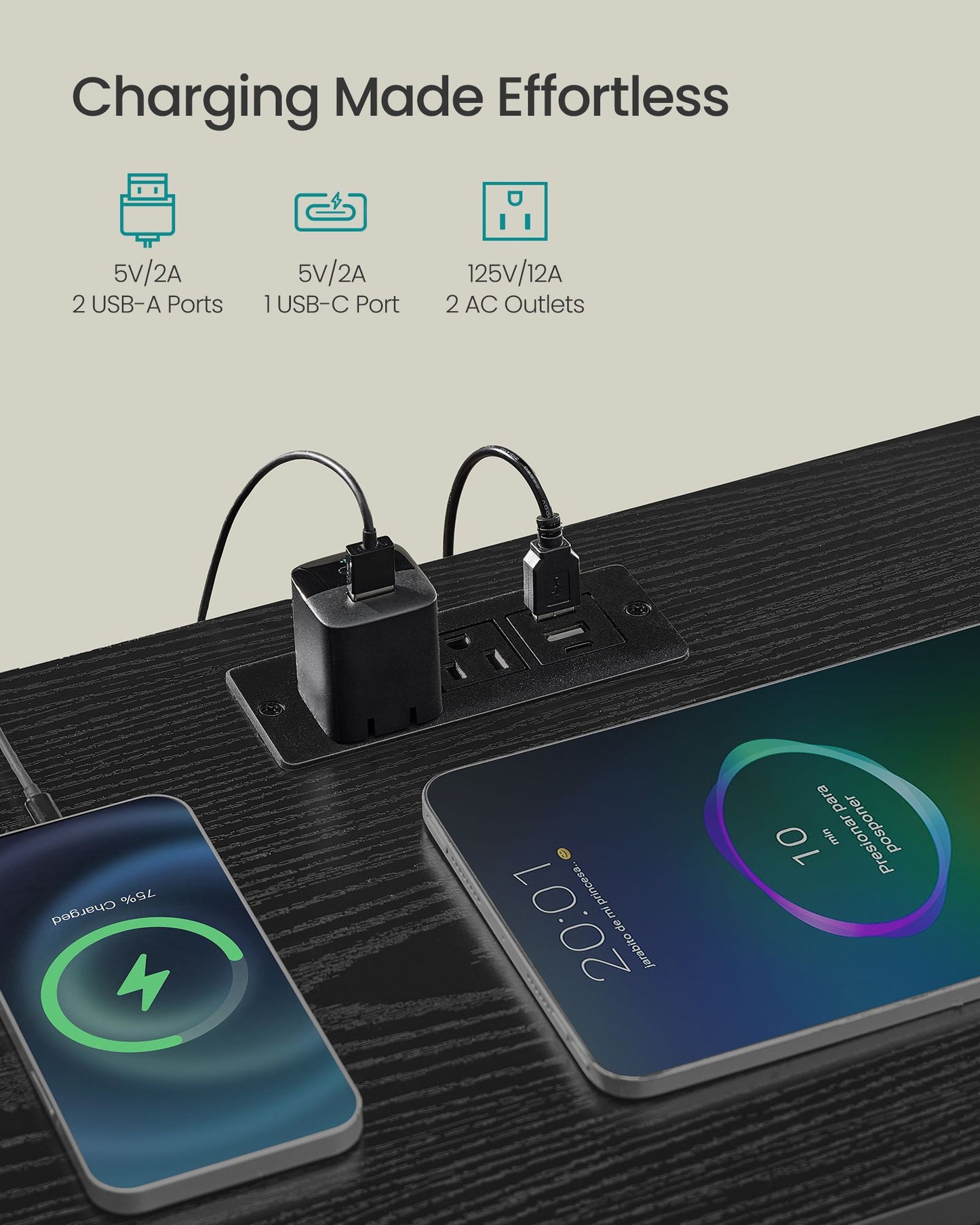 SONGMICS 2 LED Charging Nightstands with 3 Drawers Ink Black