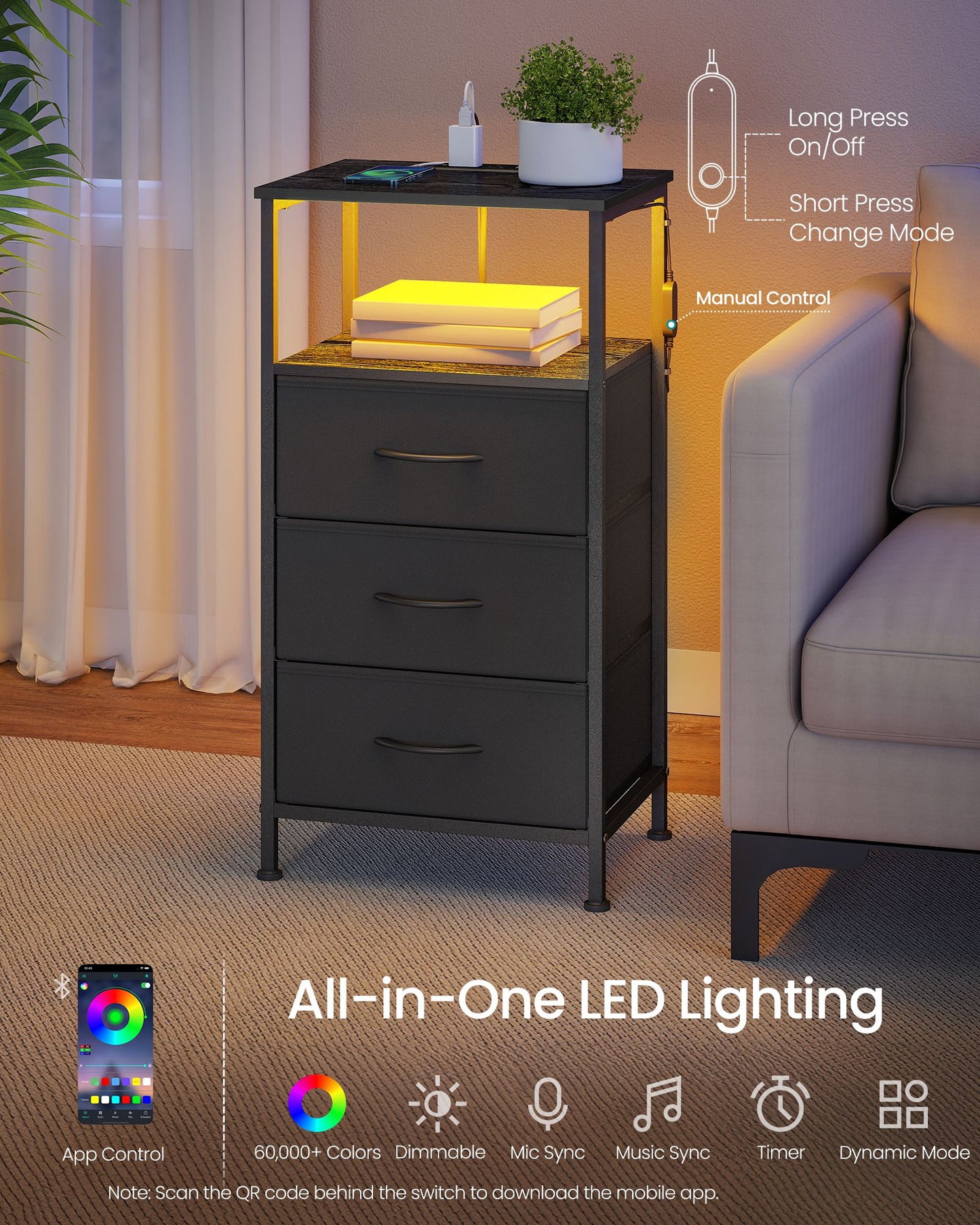 SONGMICS 2 LED Charging Nightstands with 3 Drawers Ink Black