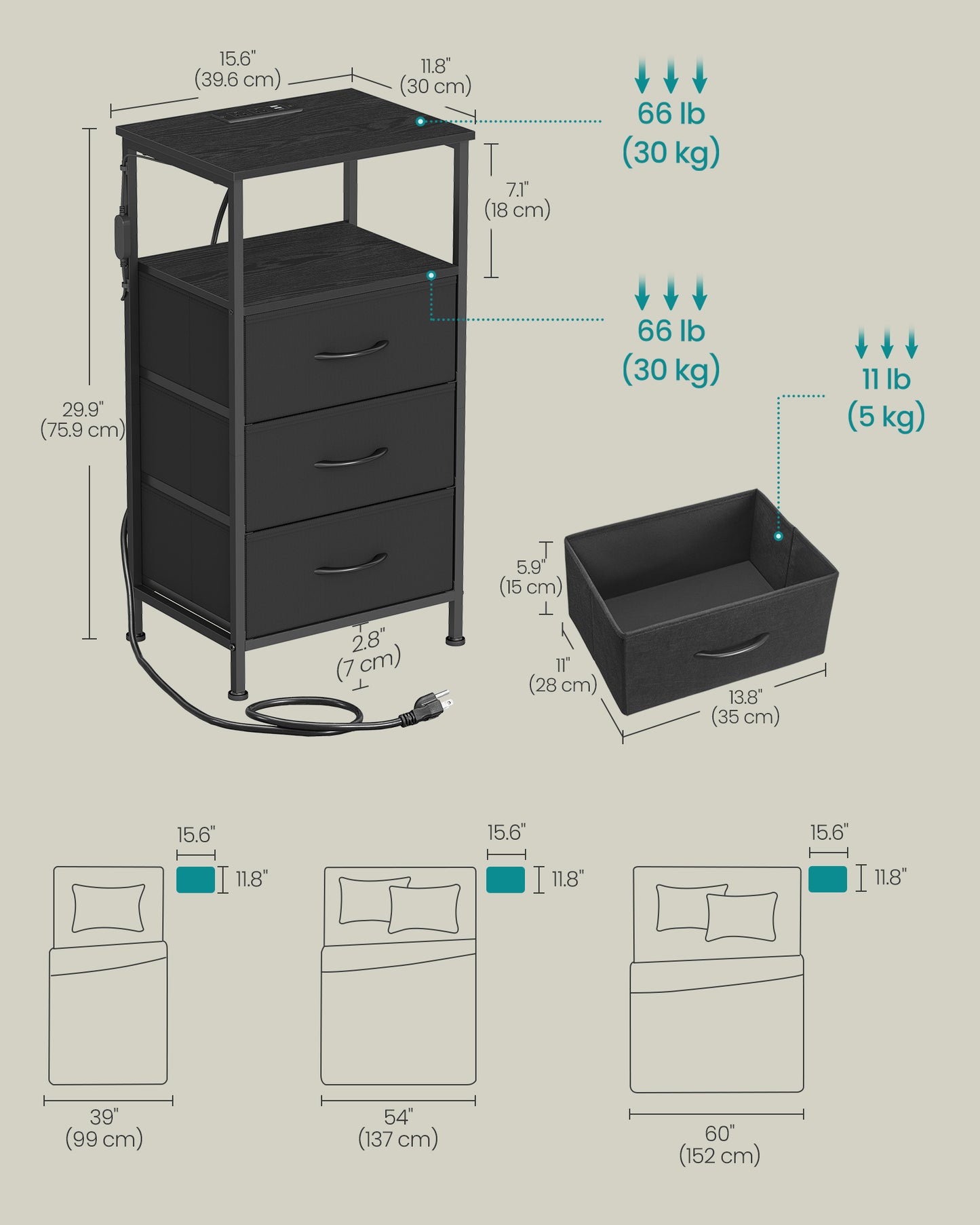 SONGMICS 2 LED Charging Nightstands with 3 Drawers Ink Black