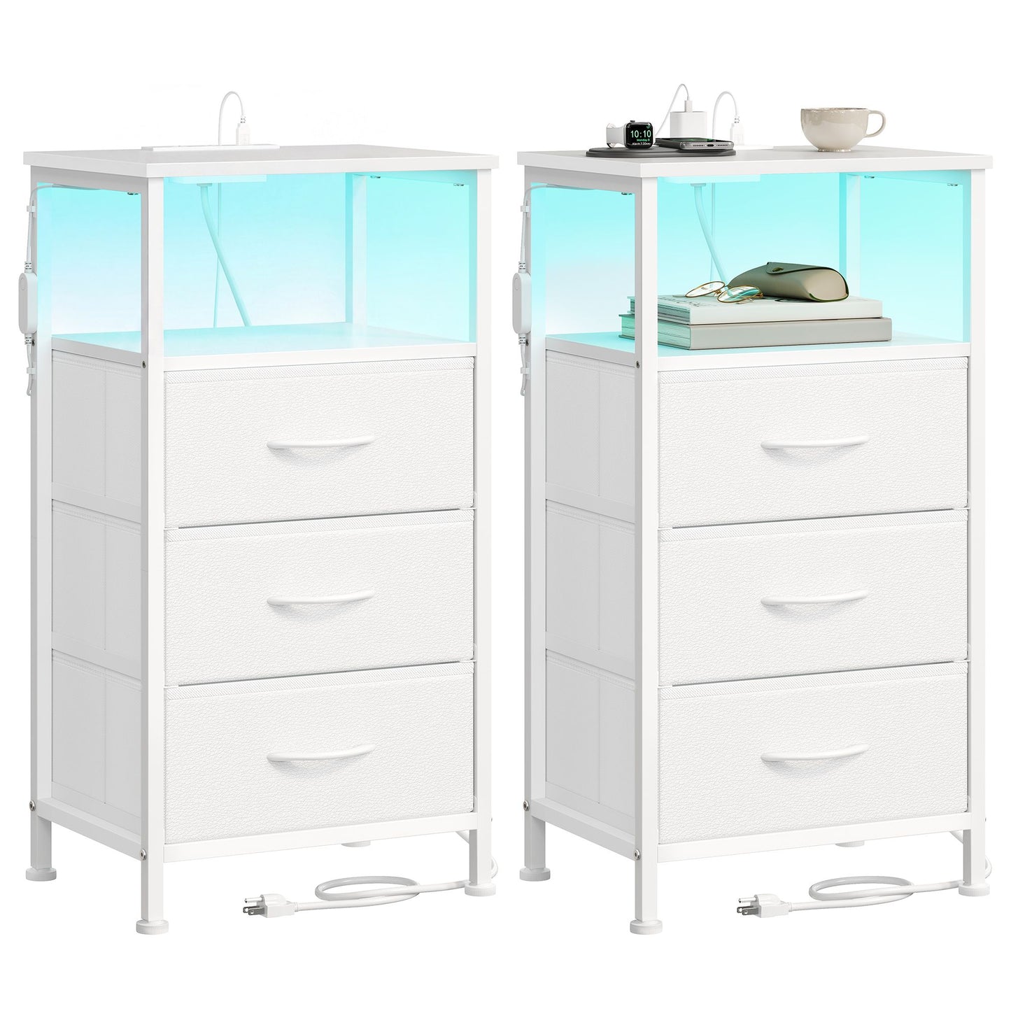 SONGMICS 2 LED Charging Nightstands with 3 Fabric Drawers Cloud White