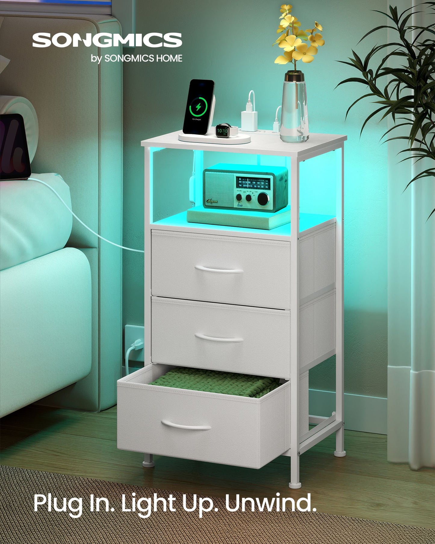 SONGMICS 2 LED Charging Nightstands with 3 Fabric Drawers Cloud White