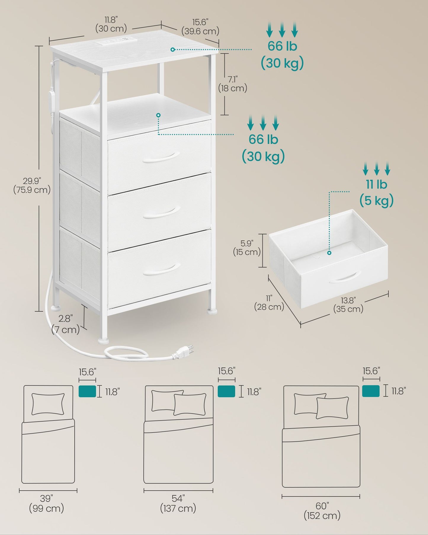 SONGMICS 2 LED Charging Nightstands with 3 Fabric Drawers Cloud White