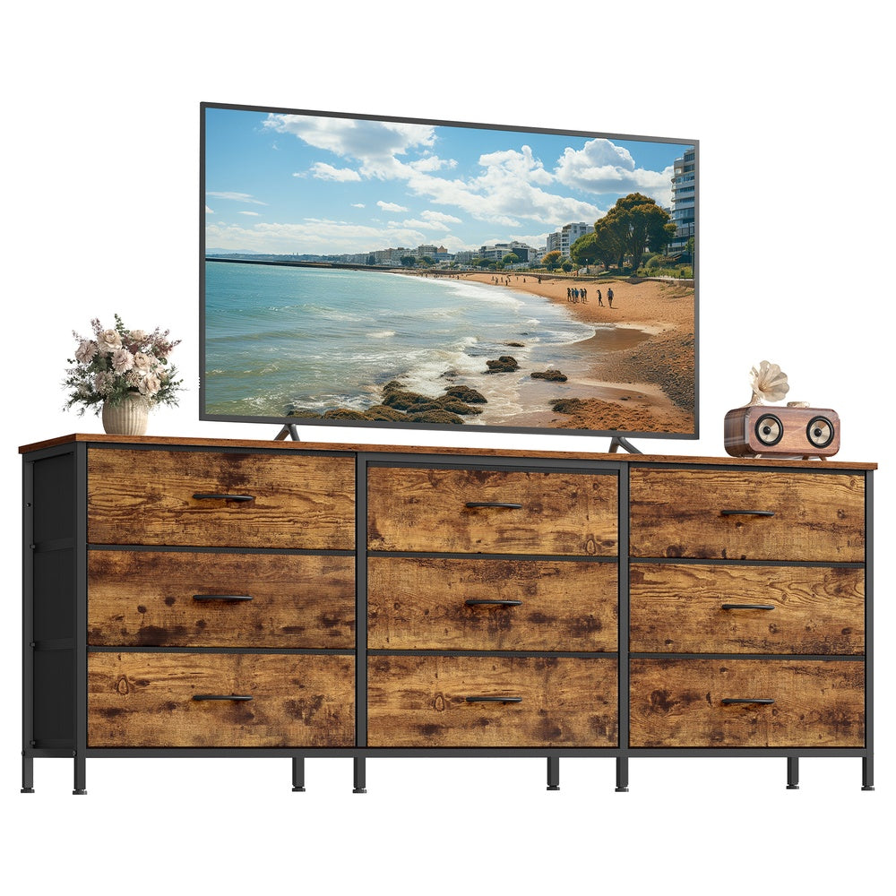 SONGMICS Dresser with 9 Fabric Drawers, TV Stand for Tvs Up to 70 Inches – Rustic Brown, Ink Black