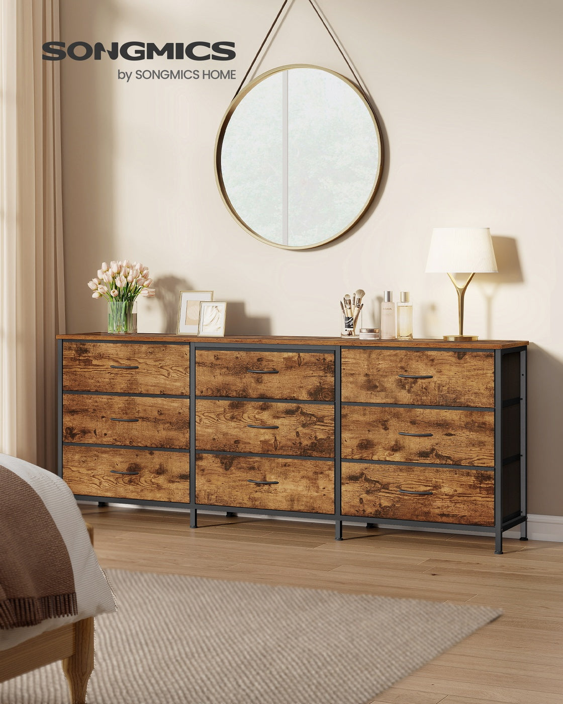 SONGMICS Dresser with 9 Fabric Drawers, TV Stand for Tvs Up to 70 Inches – Rustic Brown, Ink Black