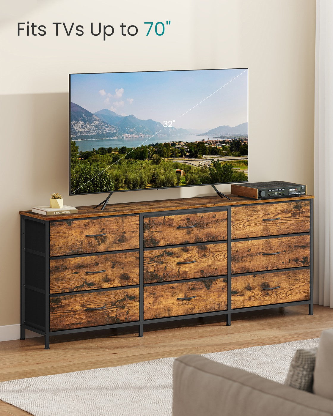 SONGMICS Dresser with 9 Fabric Drawers, TV Stand for Tvs Up to 70 Inches – Rustic Brown, Ink Black