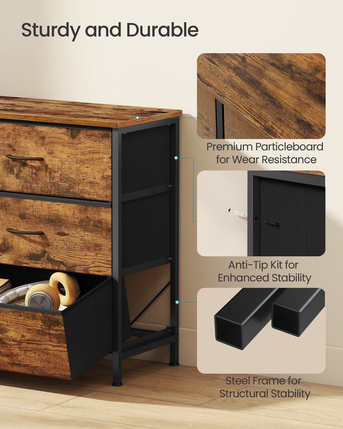 SONGMICS Dresser with 9 Fabric Drawers, TV Stand for Tvs Up to 70 Inches – Rustic Brown, Ink Black