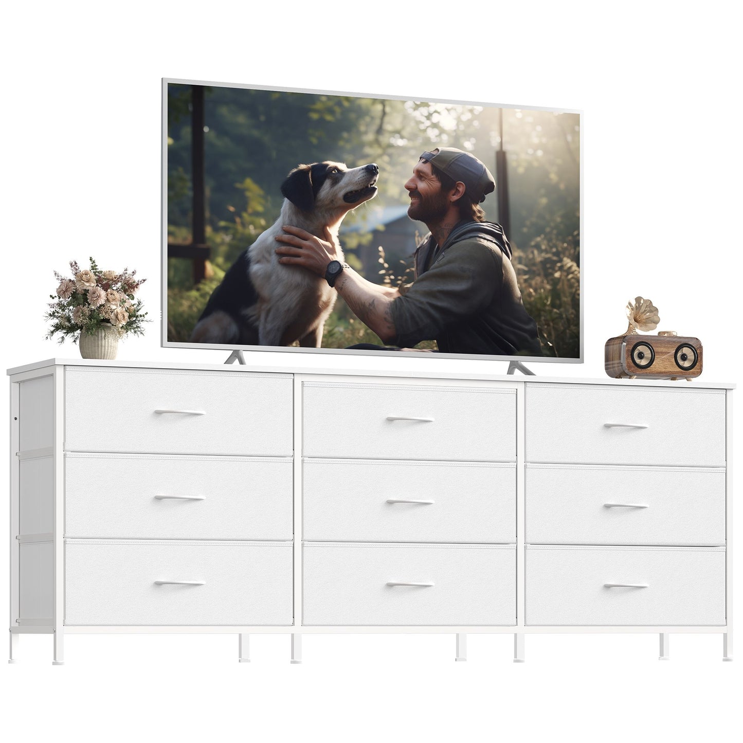 SONGMICS Dresser with 9 Fabric Drawers, TV Stand for Tvs Up to 70 Inches – Cloud White | ULGS233WH02S
