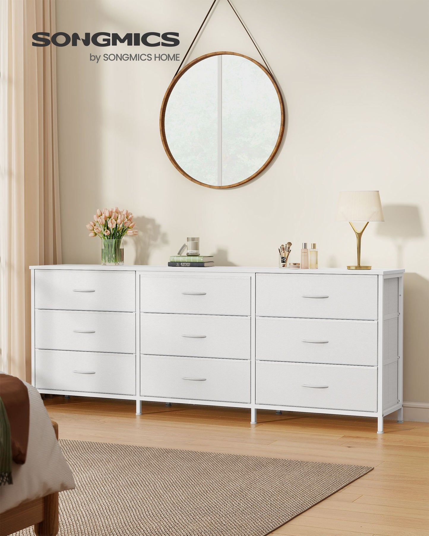 SONGMICS Dresser with 9 Fabric Drawers, TV Stand for Tvs Up to 70 Inches – Cloud White | ULGS233WH02S