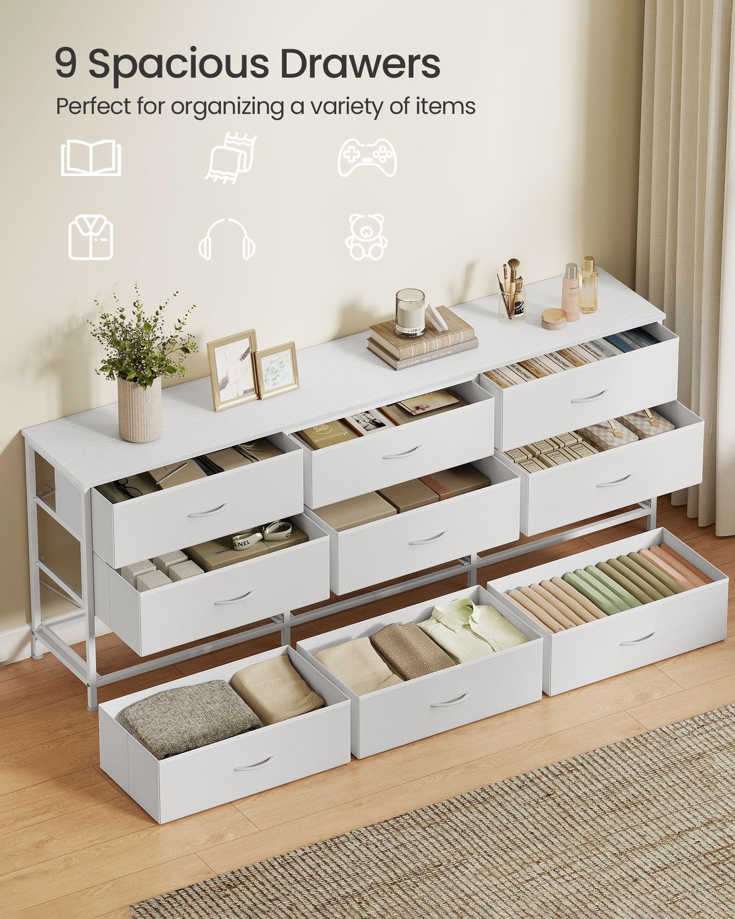 SONGMICS Dresser with 9 Fabric Drawers, TV Stand for Tvs Up to 70 Inches – Cloud White | ULGS233WH02S