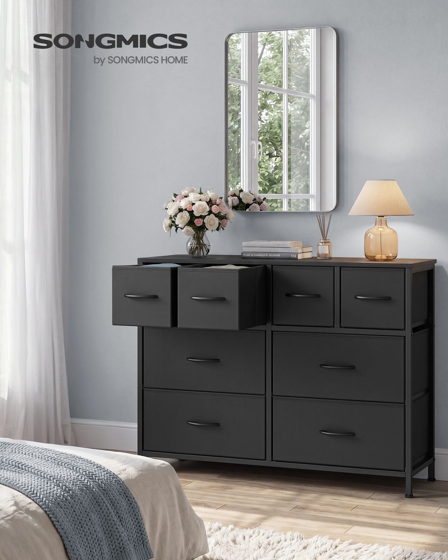 SONGMICS Wide Fabric Dresser with Eight Drawers and Steel Frame – Ink Black