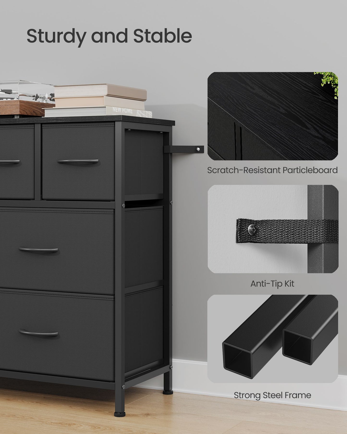 SONGMICS Wide Fabric Dresser with Eight Drawers and Steel Frame – Ink Black