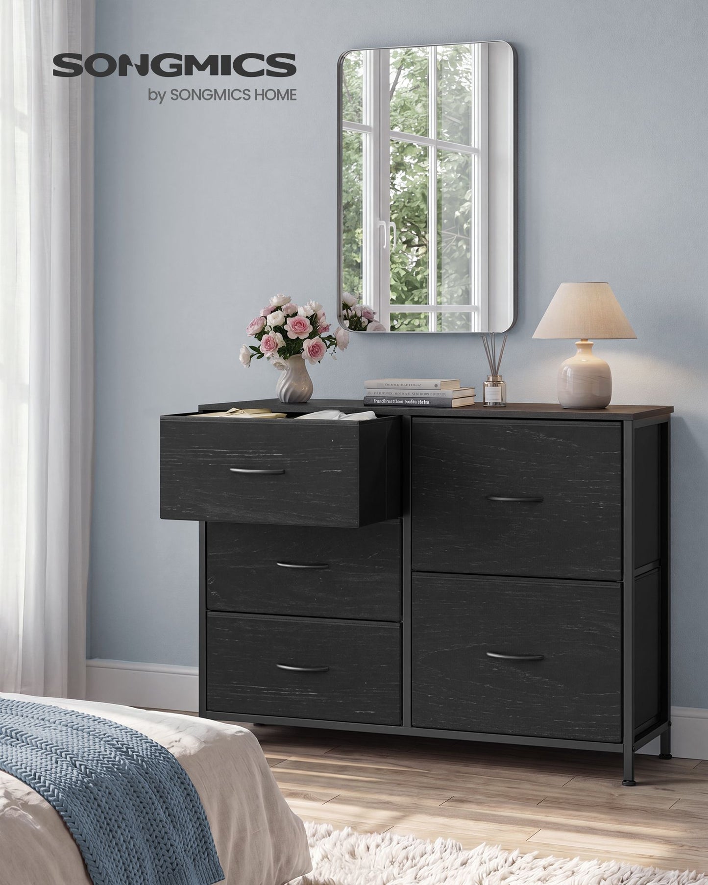 SONGMICS 5 Drawer Dresser for Bedroom, 38.9 X 11.8 X 29.4 Inch – Ebony Black