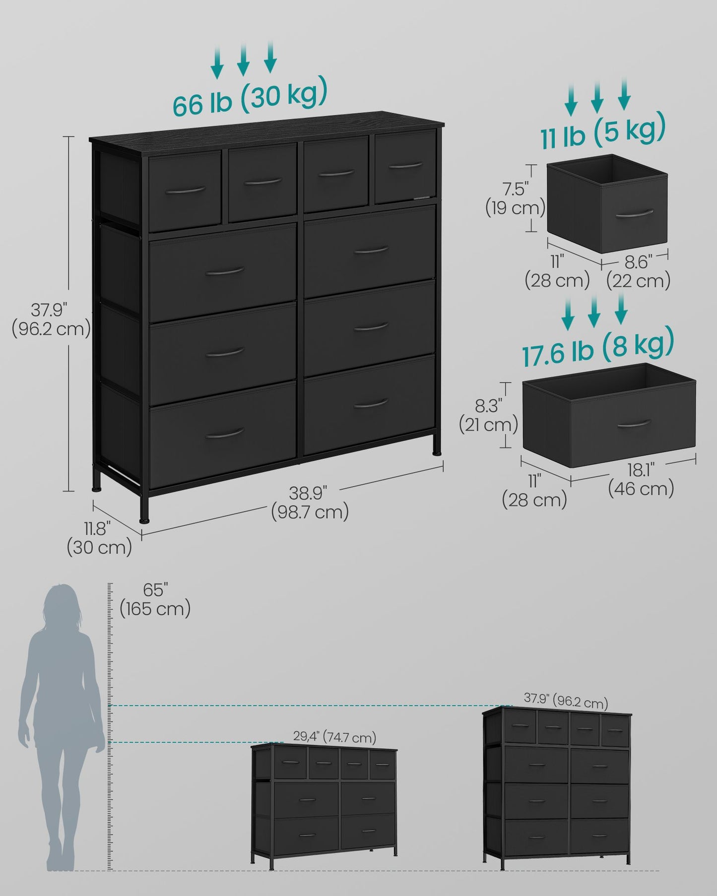 SONGMICS Tall Fabric Dresser with Ten Drawers and Steel Frame – Ink Black