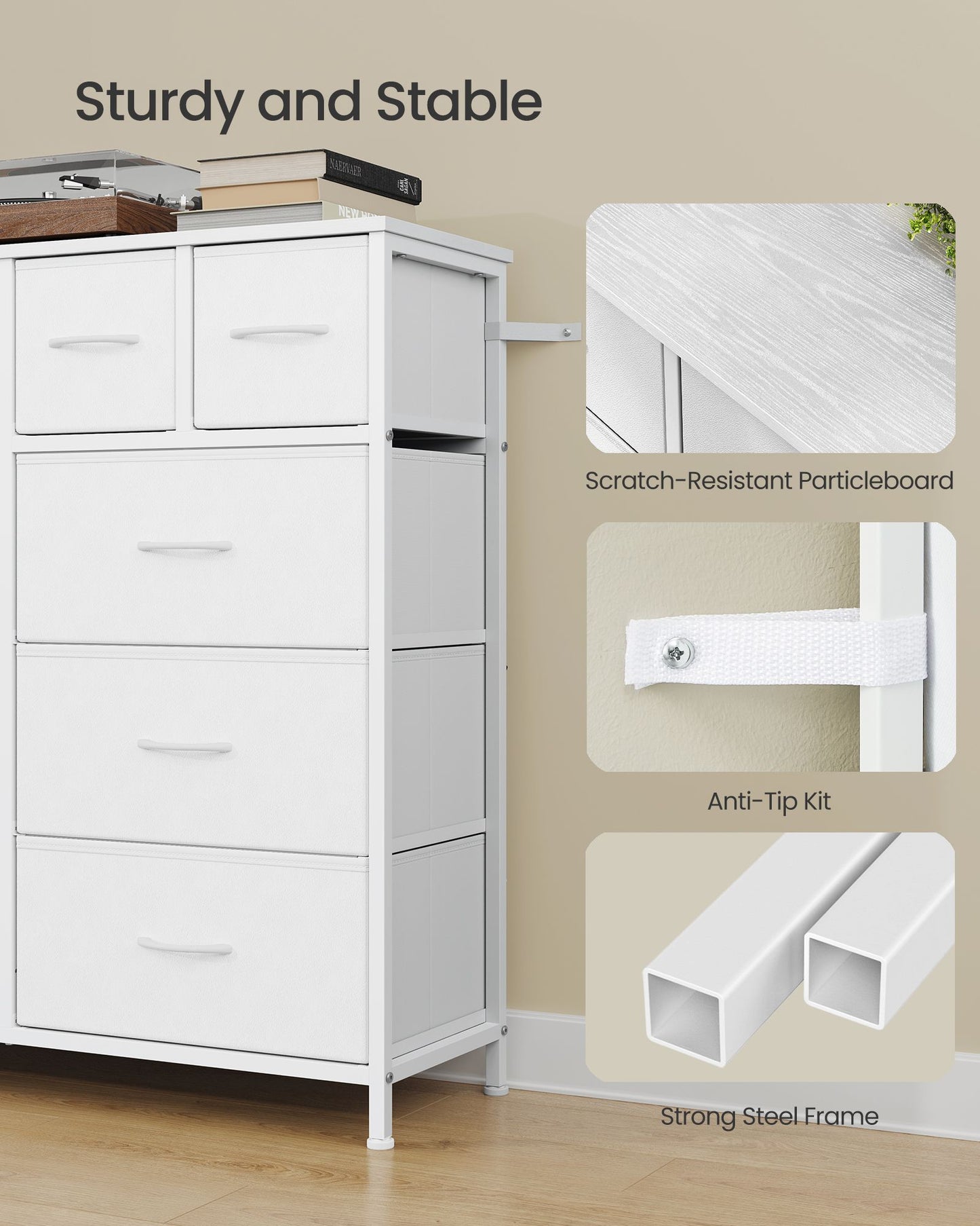 SONGMICS Tall Fabric Dresser with Ten Drawers and Steel Frame – Cloud White