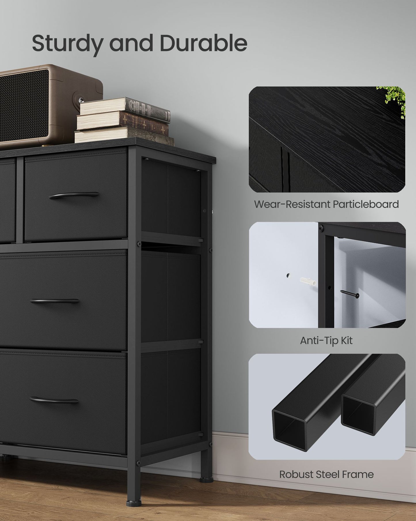 SONGMICS Wide Bedroom Dresser with 10 Fabric Drawers – Ink Black – 11.8"D x 44.8"W x 26.8"H