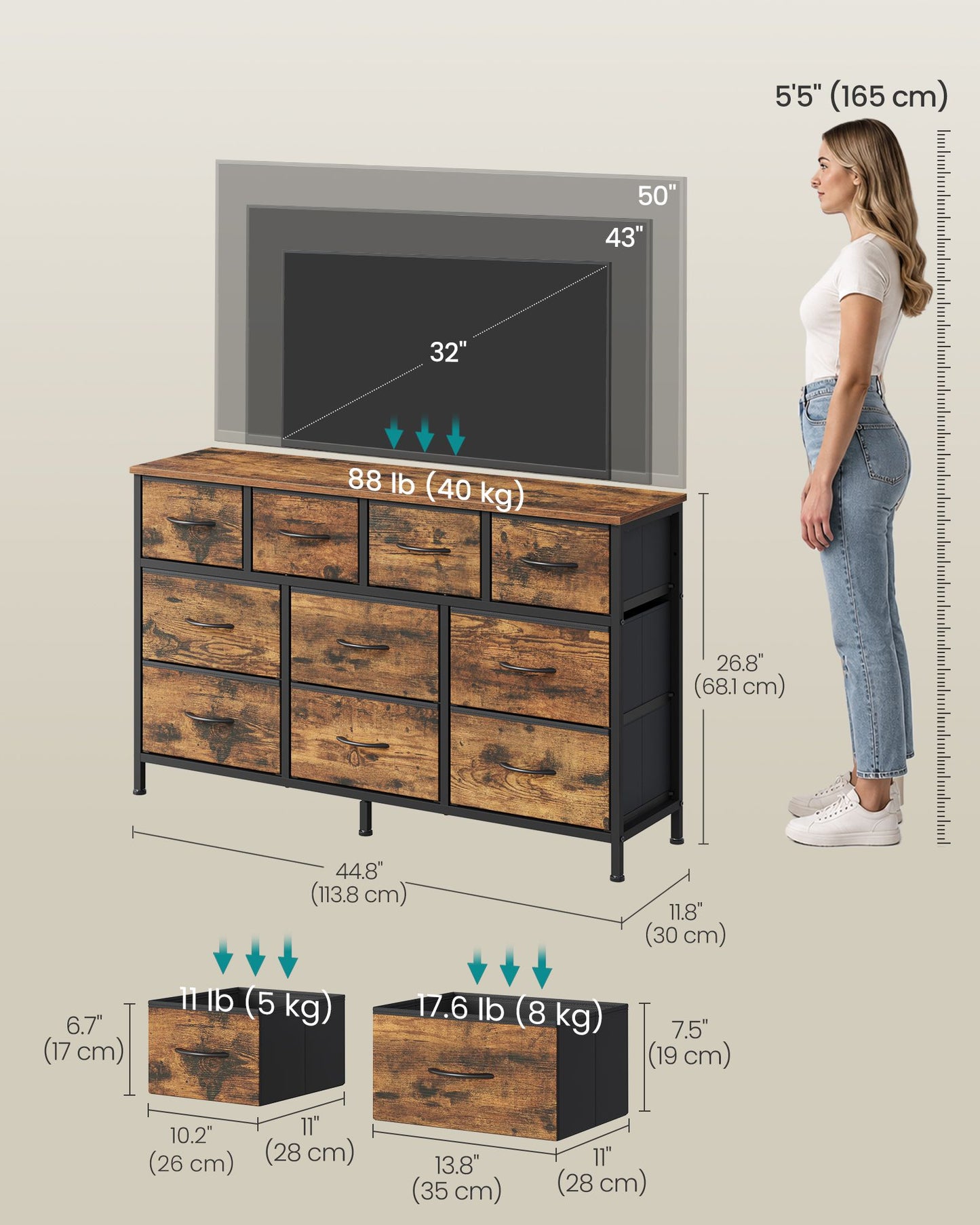 SONGMICS Wide Bedroom Dresser with 10 Fabric Drawers – Rustic Brown, Ink Black