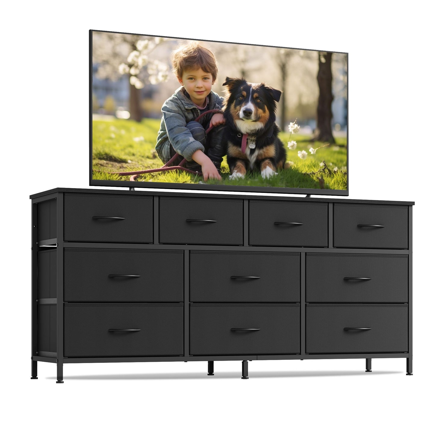 SONGMICS Wide Bedroom Dresser with 10 Fabric Drawers – Ink Black – 13.8"D x 57.8"W x 26.8"H