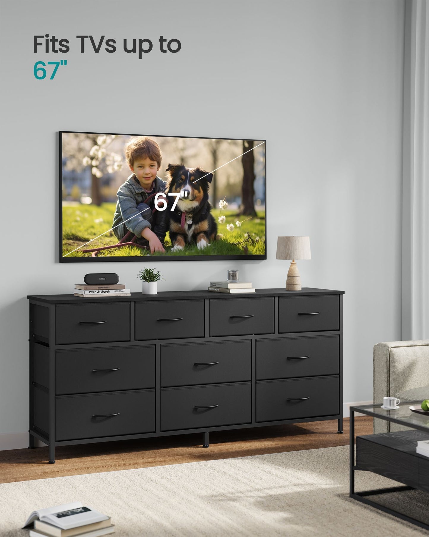 SONGMICS Wide Bedroom Dresser with 10 Fabric Drawers – Ink Black – 13.8"D x 57.8"W x 26.8"H