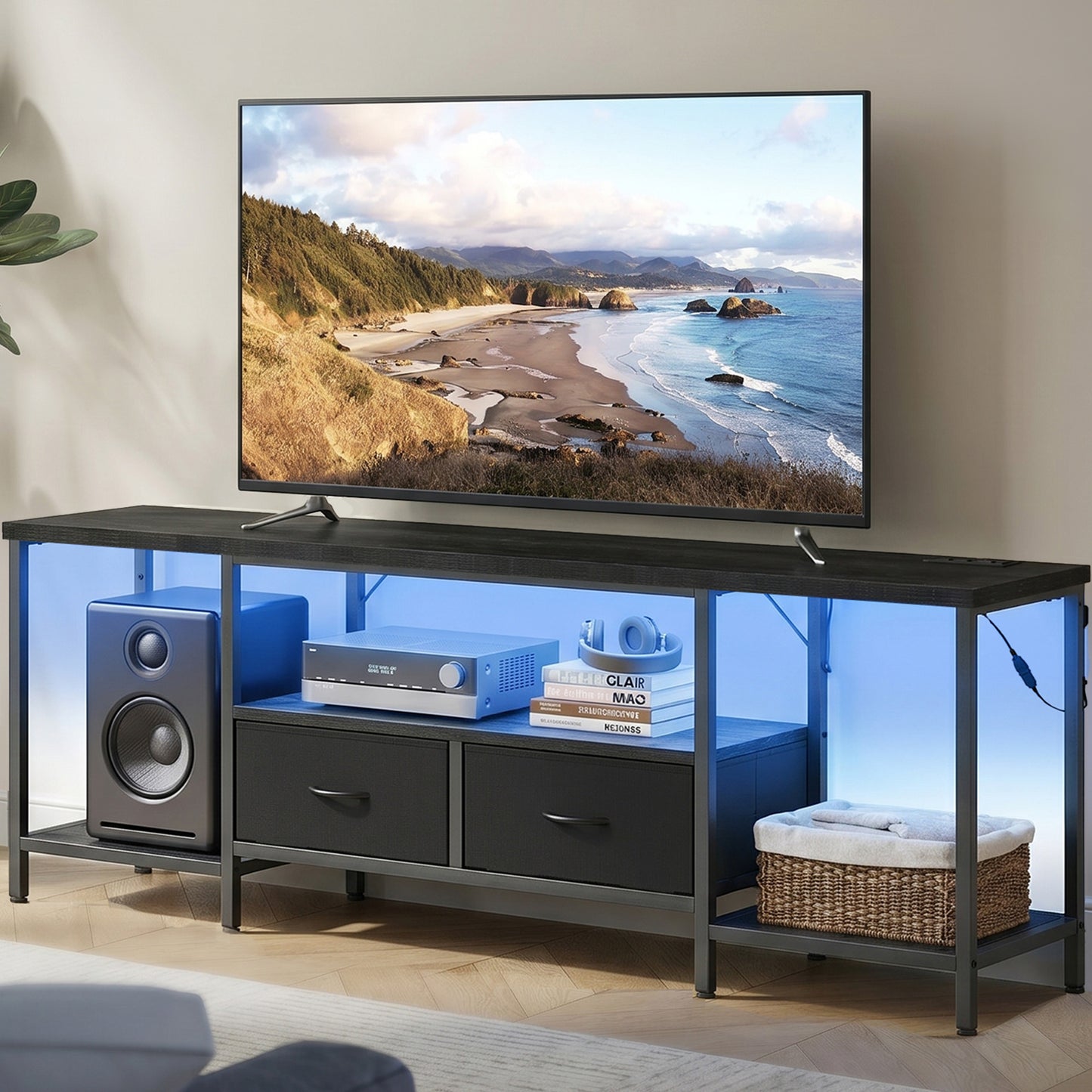 SONGMICS Bellah TV Stand with Power Outlets and Lights – Ink Black – 13.8"D x 61.8"W x 23.6"H