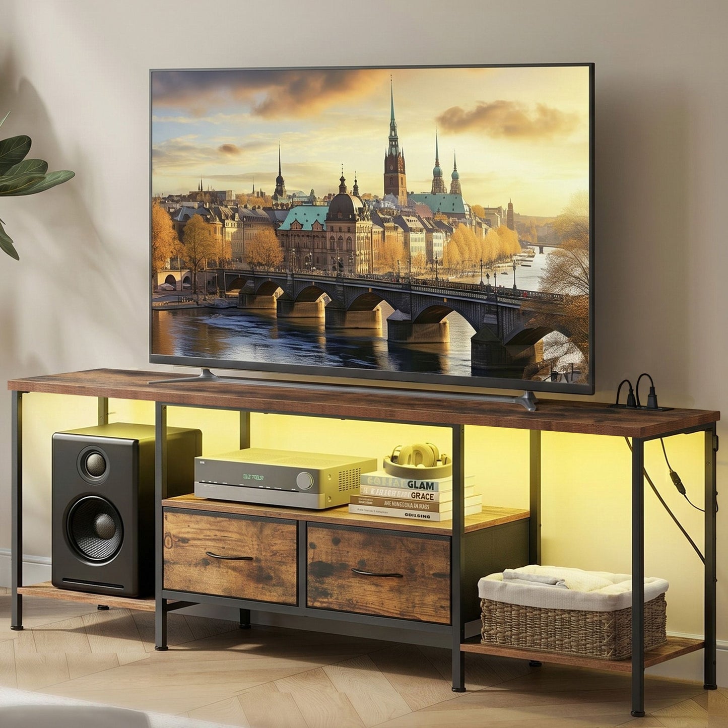 SONGMICS Bellah TV Stand with Power Outlets and Lights – Rustic Brown