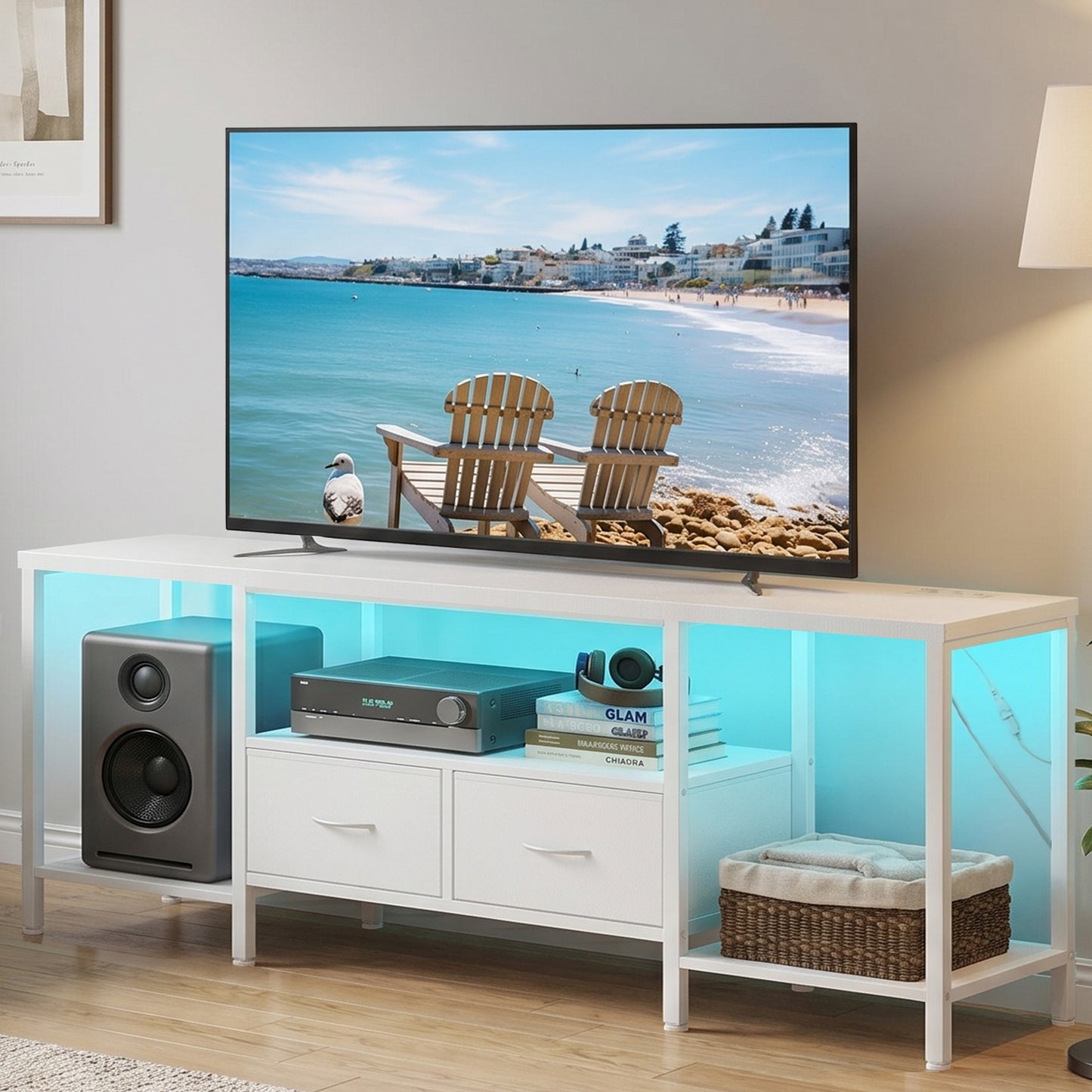 SONGMICS Bellah TV Stand with Power Outlets and Lights – Cloud White
