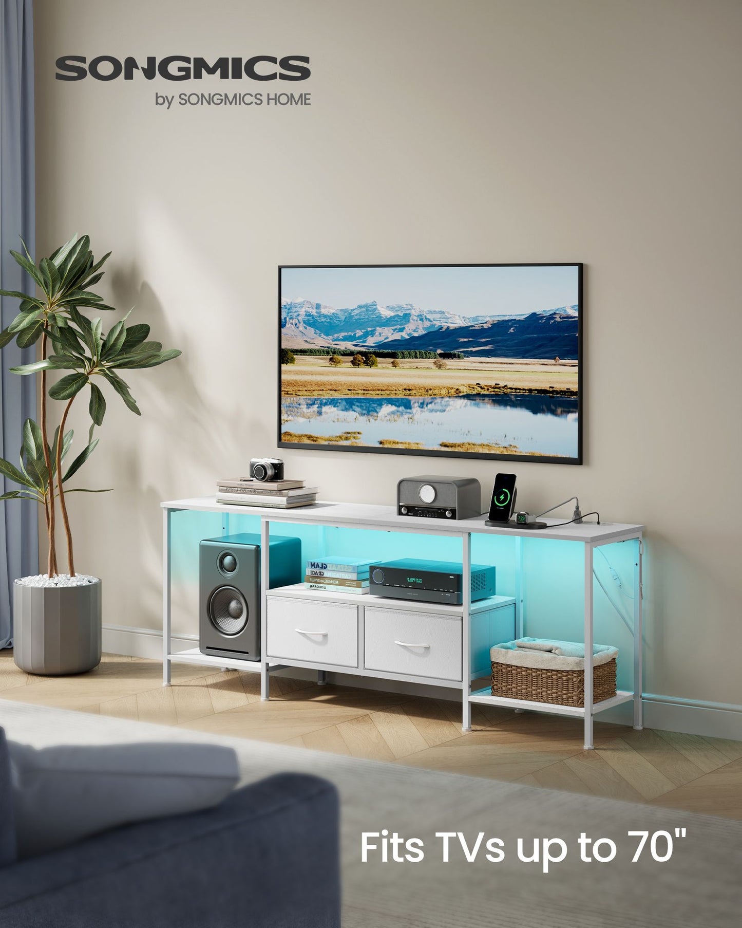 SONGMICS Bellah TV Stand with Power Outlets and Lights – Cloud White