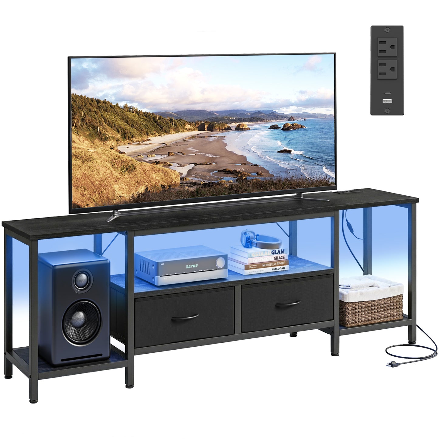 SONGMICS Bellah TV Stand with Power Outlets and Lights – Ink Black – 13.8"D x 70.5"W x 23.6"H