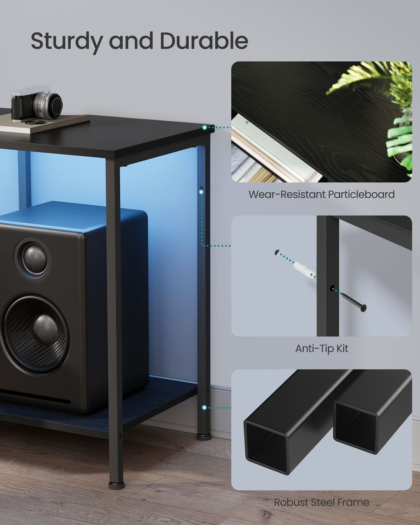 SONGMICS Bellah TV Stand with Power Outlets and Lights – Ink Black – 13.8"D x 70.5"W x 23.6"H