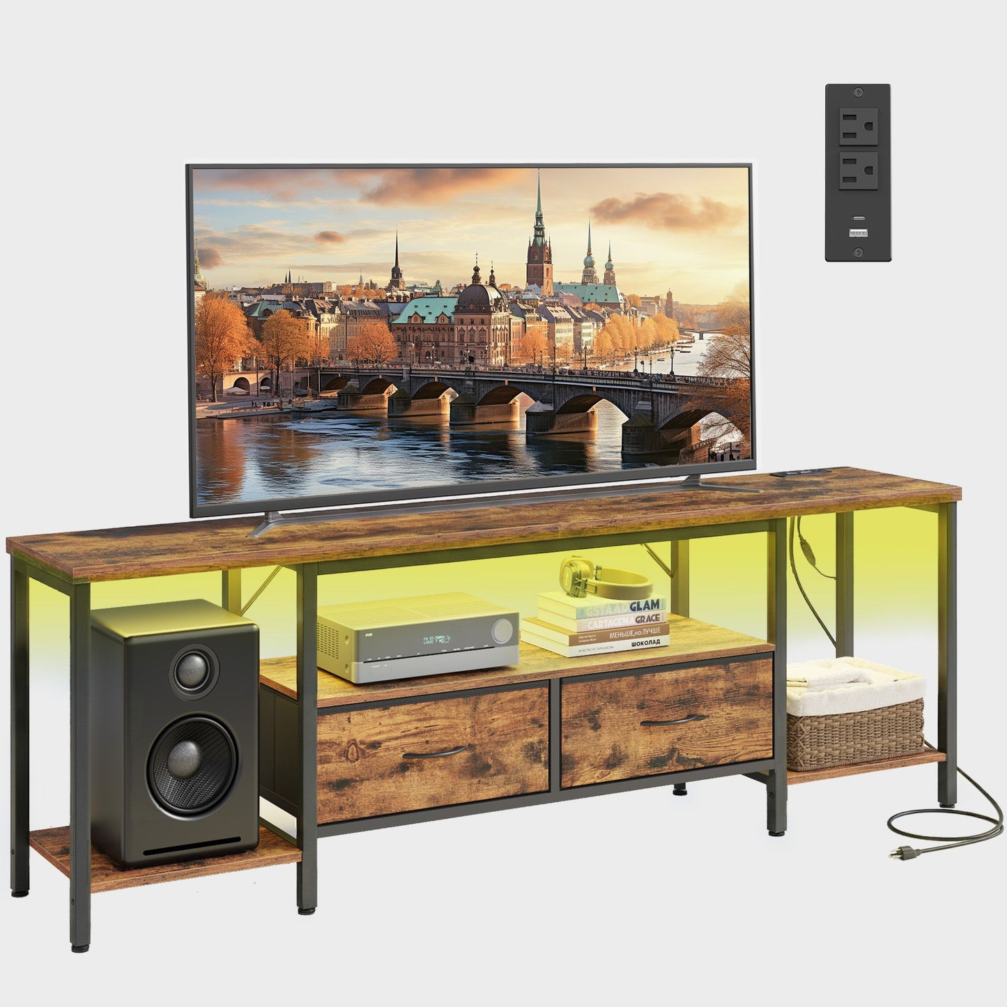 SONGMICS TV Stand with Power Outlets and Lights – Rustic Brown